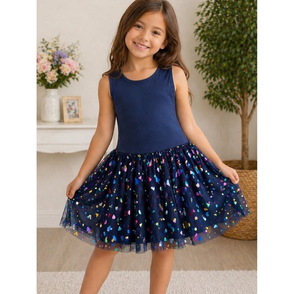 Truly Me Girls Tulle Dress Size 6X Navy Rainbow Heart Skirt Sleeveless Party